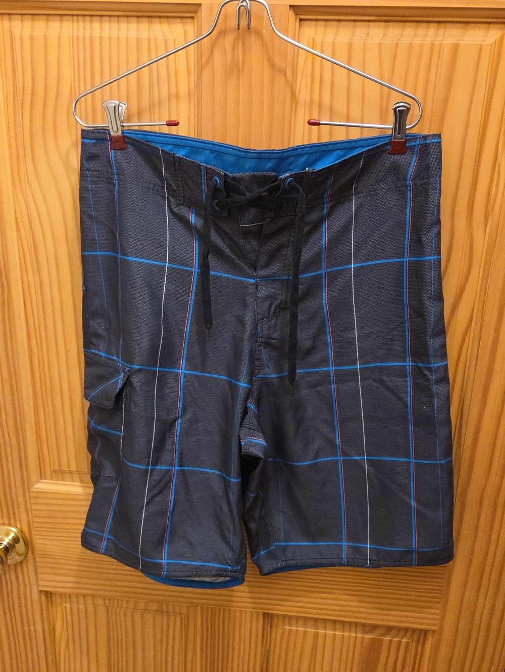 burnside Black Swim Board Shorts with Blue Plaid